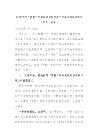 在2025年“两新”党组织书记和党务工作者专题培训班开班式上讲话