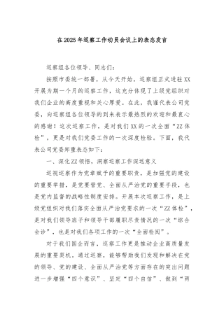 在2025年巡察工作动员会议上的表态发言