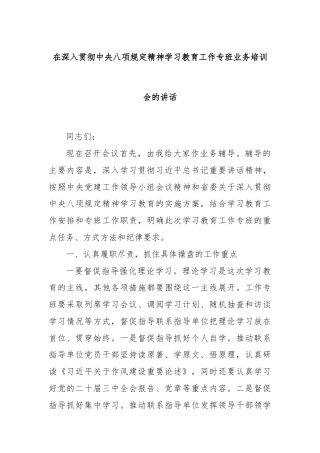 在深入贯彻中央八项规定精神学习教育工作专班业务培训会的讲话