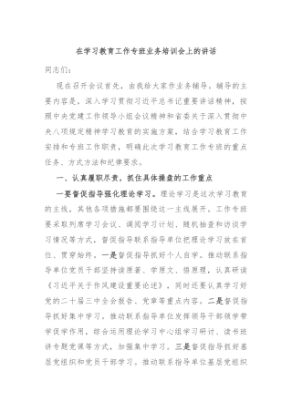 在学习教育工作专班业务培训会上的讲话