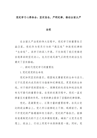 党纪学习心得体会：坚定信念，严明纪律，推动全面从严治党