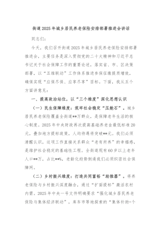 街道2025年城乡居民养老保险安排部署推进会讲话