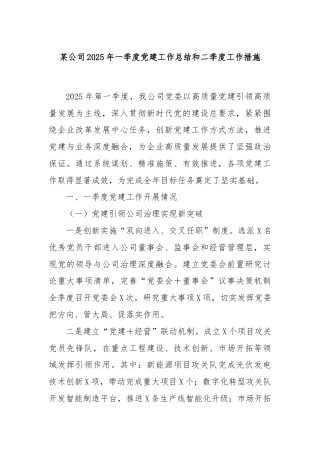 某公司2025年一季度党建工作总结和二季度工作措施