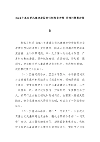 2024年落实党风廉政建设责任制检查考核 反馈问题整改报告
