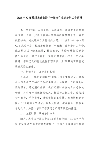 2025年XX镇村级基础数据“一张表”业务培训工作简报