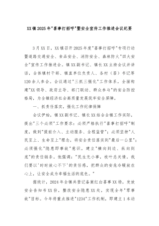 XX镇2025年“喜事打招呼”暨安全宣传工作推进会议纪要