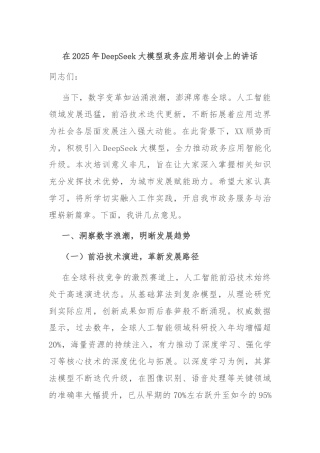 在2025年DeepSeek大模型政务应用培训会上的讲话