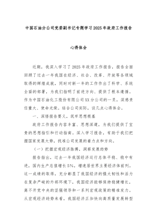 中国石油分公司党委副书记专题学习2025年政府工作报告心得体会