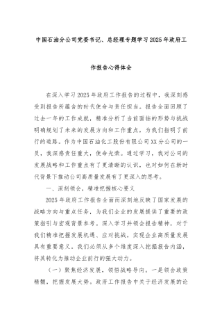中国石油分公司党委书记、总经理专题学习2025年政府工作报告心得体会