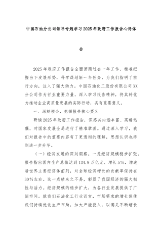 中国石油分公司领导专题学习2025年政府工作报告心得体会