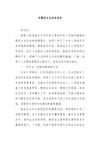 专题民主生活会发言