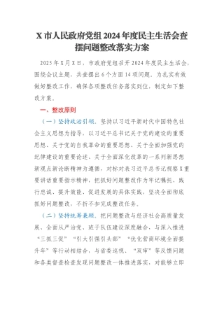 X市人民政府党组2024年度民主生活会查摆问题整改落实方案