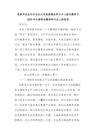 党委书记在中石化分公司党委理论学习中心组专题学习2025年全国两会精神研讨会上的讲话