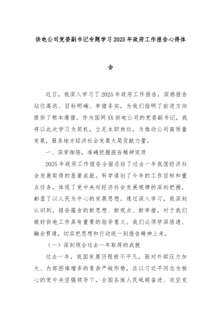 供电公司党委副书记专题学习2025年政府工作报告心得体会
