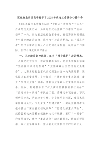 区纪检监察党员干部学习2025年政府工作报告心得体会