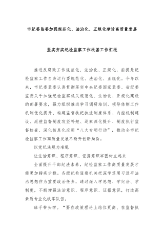 市纪委监委加强规范化、法治化、正规化建设高质量发展坚实夯实纪检监察工作根基工作汇报