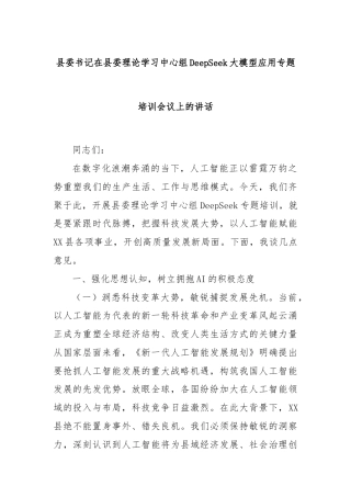 县委书记在县委理论学习中心组DeepSeek大模型应用专题培训会议上的讲话
