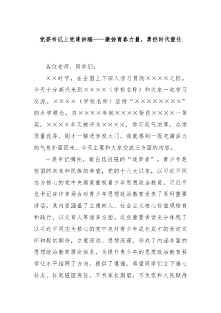 党委书记上党课讲稿——激扬青春力量，勇担时代重任