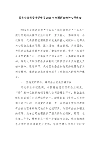 国有企业党委书记学习2025年全国两会精神心得体会