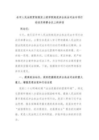 在市人民法院贯彻落实上级学院规范涉企执法司法专项行动动员部署会议上的讲话