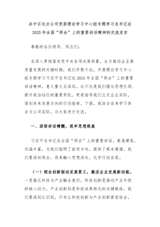 在中石化分公司党委理论学习中心组专题学习总书记在2025年全国“两会”上的重要讲话精神的交流发言