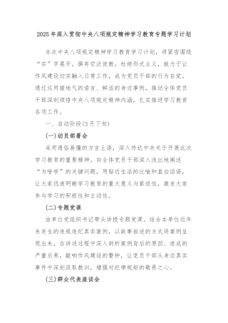 2025年深入贯彻中央八项规定精神学习教育专题学习计划