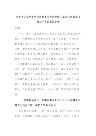 市委书记在全市研究部署整治群众身边不正之风和腐败问题工作会议上的讲话