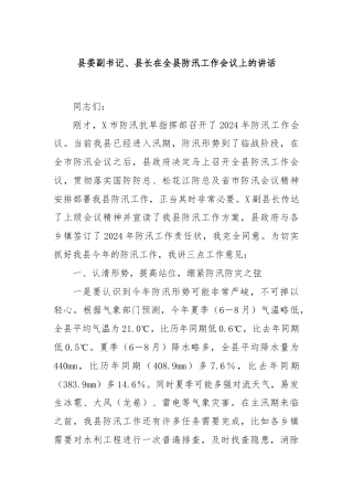 县委副书记、县长在全县防汛工作会议上的讲话