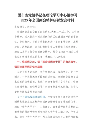 团市委党组书记在理论学习中心组学习2025年全国两会精神研讨发言材料