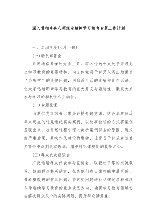 深入贯彻中央八项规定精神学习教育专题工作计划