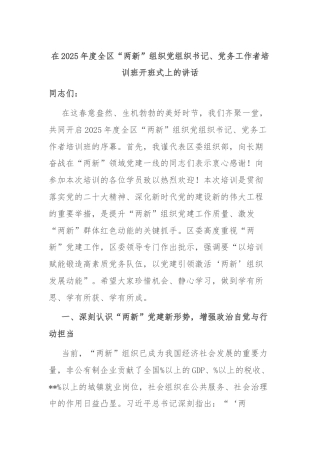 在2025年度全区“两新”组织党组织书记、党务工作者培训班开班式上的讲话