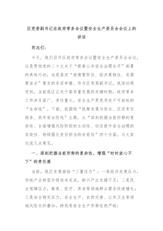区党委副书记在政府常务会议暨安全生产委员会会议上的讲话