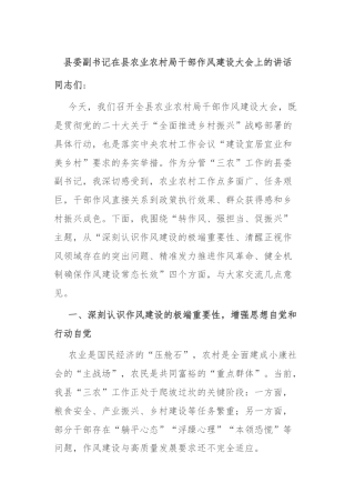 县委副书记在县农业农村局干部作风建设大会上的讲话