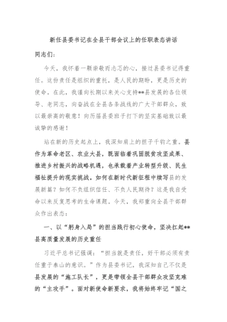 新任县委书记在全县干部会议上的任职表态讲话