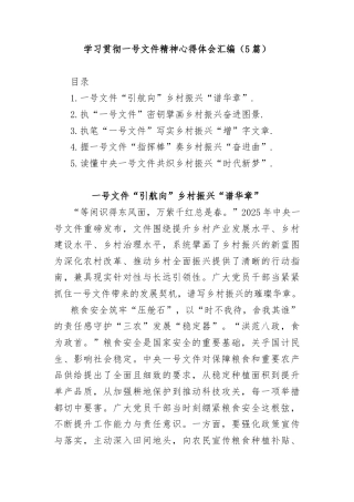 (5篇)学习贯彻中央一号文件精神心得体会汇编