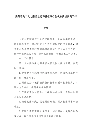 某某市关于大力整治生态环境领域行政执法突出问题工作方案