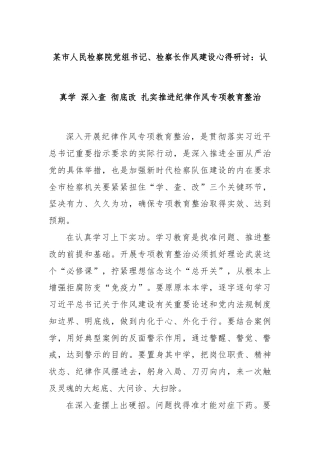 某市人民检察院党组书记、检察长作风建设心得研讨：认真学 深入查 彻底改 扎实推进纪律作风专项教育整治