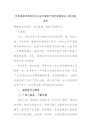 市发展改革局某处长在全市挂职干部代表座谈会上的交流发言
