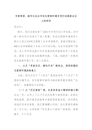 市委常委、副市长在全市优化营商环境专项行动调度会议上的讲话
