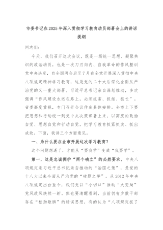 市委书记在2025年深入贯彻学习教育动员部署会上的讲话提纲