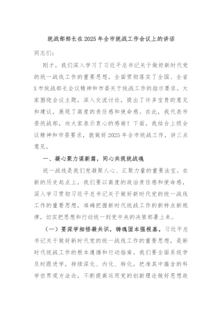 统战部部长在2025年全市统战工作会议上的讲话