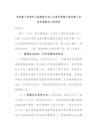 市巡察工作领导小组副组长在十五届市委第七轮巡察工作动员部署会上的讲话