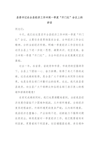 县委书记在全县经济工作冲刺一季度“开门红”会议上的讲话