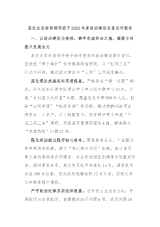 县农业农村局领导班子2025年度政治建设自查自评报告