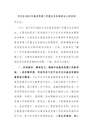 书记在2025年基层党建工作重点任务推进会上的讲话