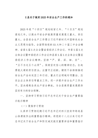 X县关于做好2025年安全生产工作的通知