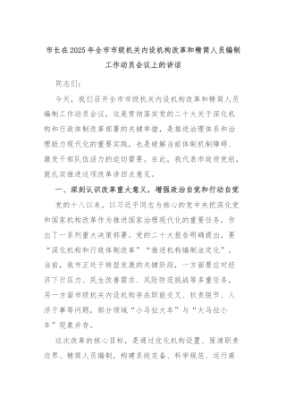 市长在2025年全市市级机关内设机构改革和精简人员编制工作动员会议上的讲话