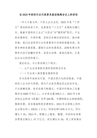 在2025年纺织行业代表委员座谈视频会议上的讲话