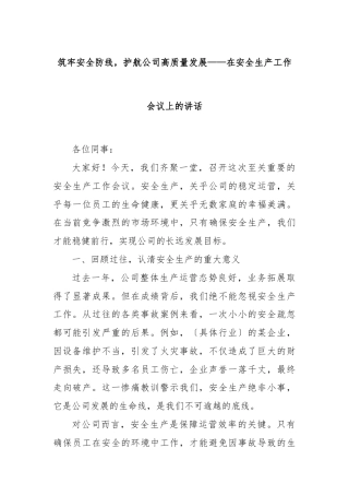 筑牢安全防线，护航公司高质量发展——在安全生产工作会议上的讲话