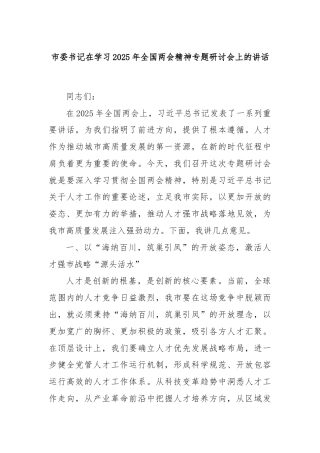 市委书记在学习2025年全国两会精神专题研讨会上的讲话